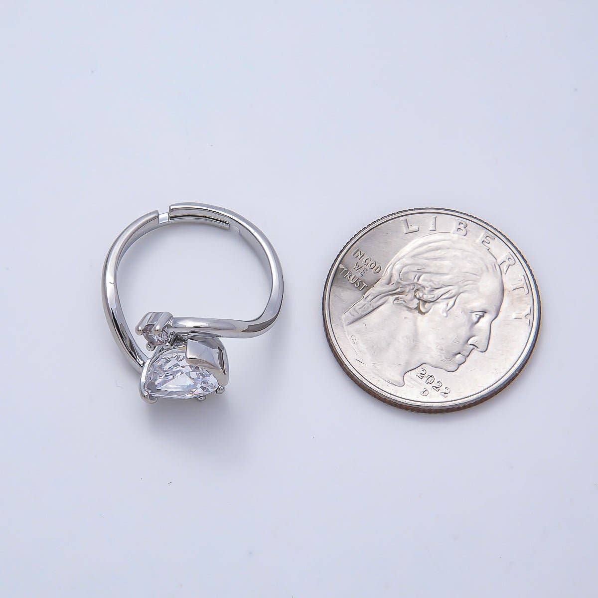 16K Gold Filled Clear Teardrop CZ Curved Solitaire Ring in Silver