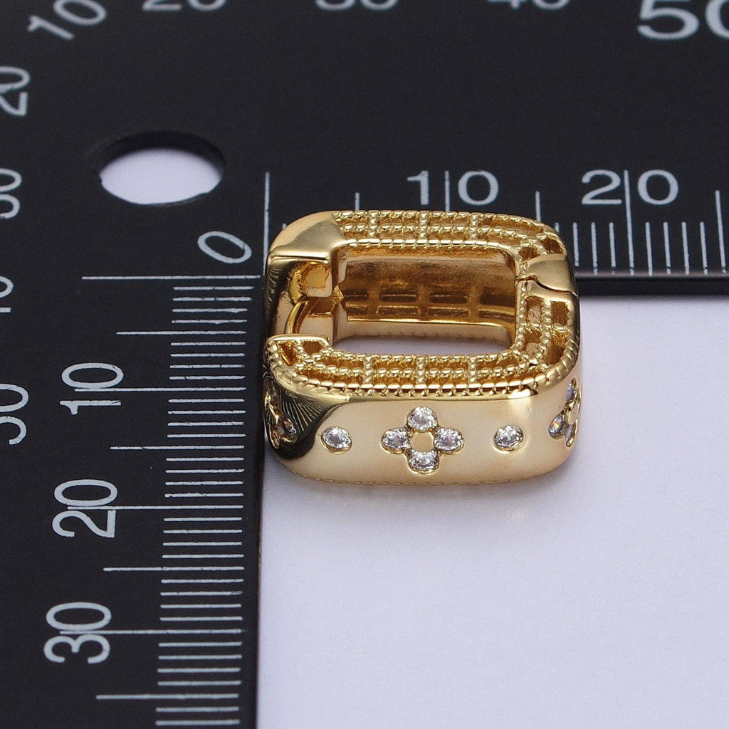 24K Gold Filled Clear Quatrefoil CZ Square Huggies Earrings