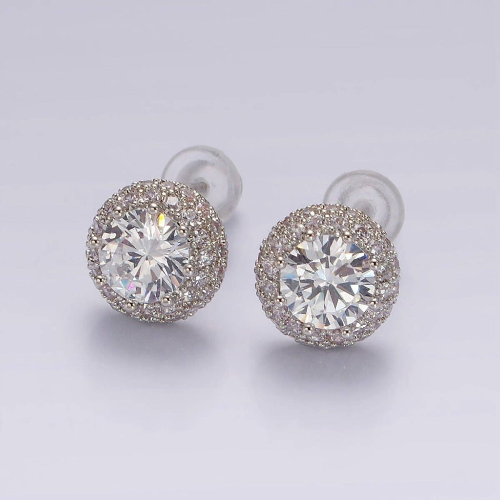 14K Gold Filled Clear CZ Micro Paved Round Stud Earrings in Silver