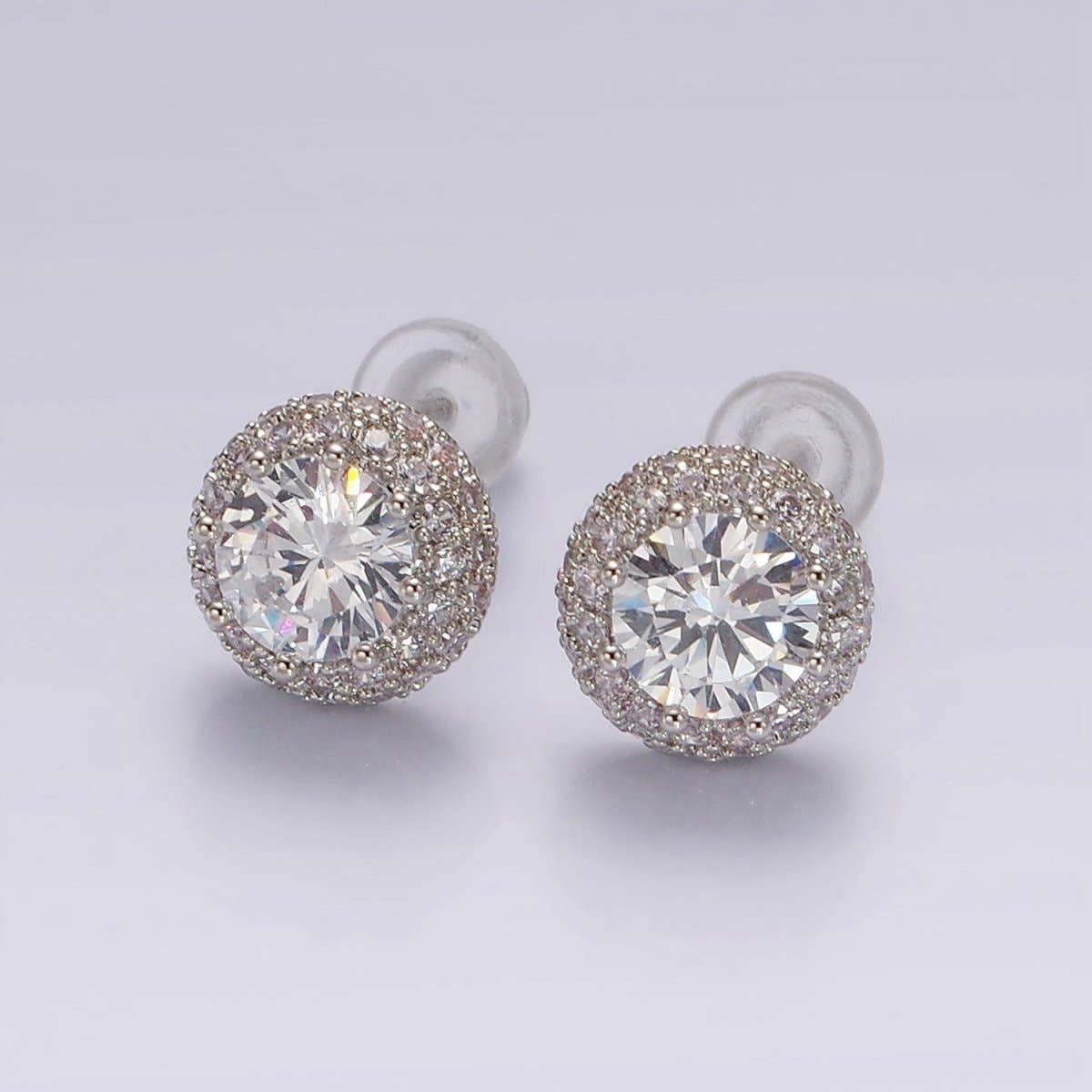 14K Gold Filled Clear CZ Micro Paved Round Stud Earrings in Silver