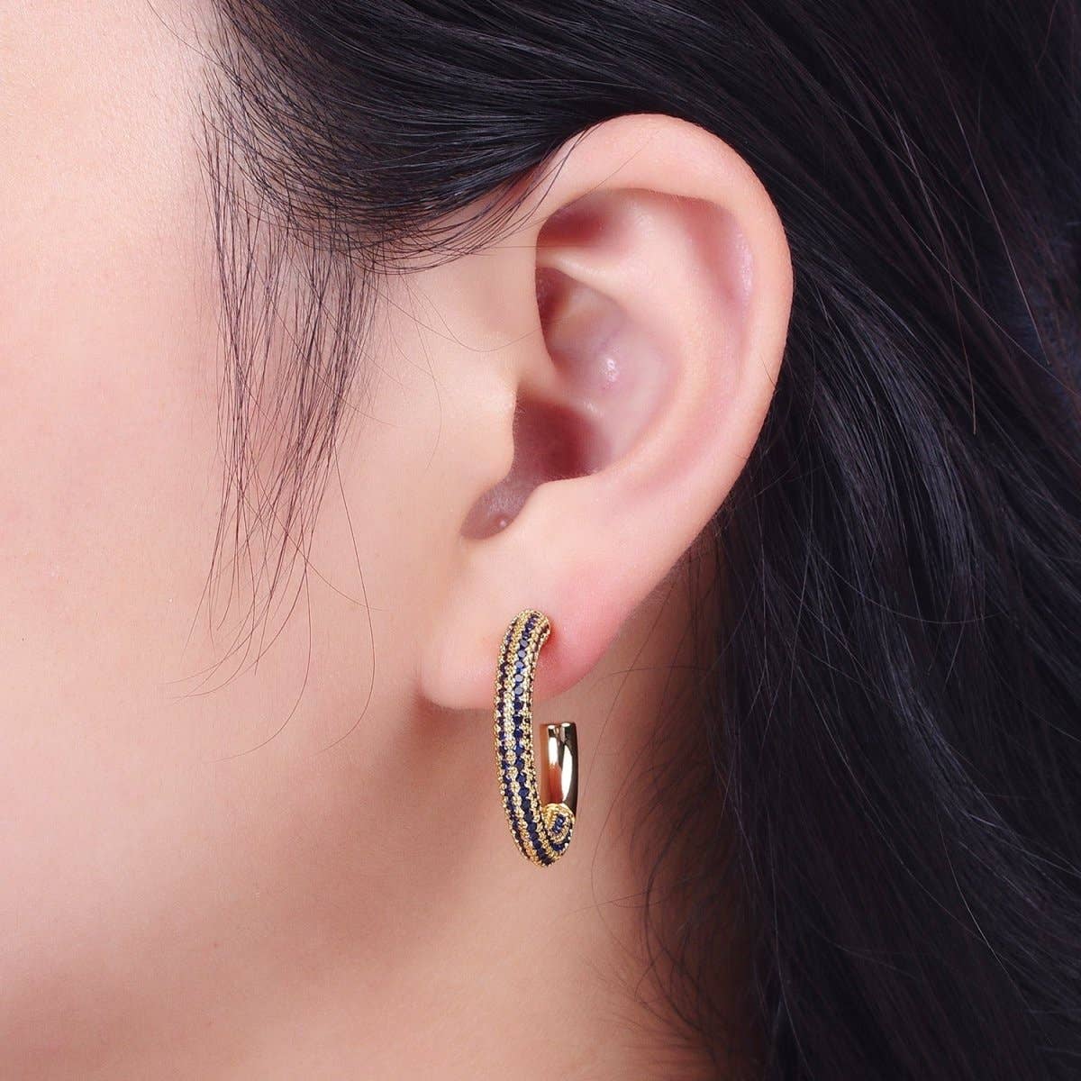 14K Gold Filled Blue Micro Paved CZ C Shaped Hoop Studs