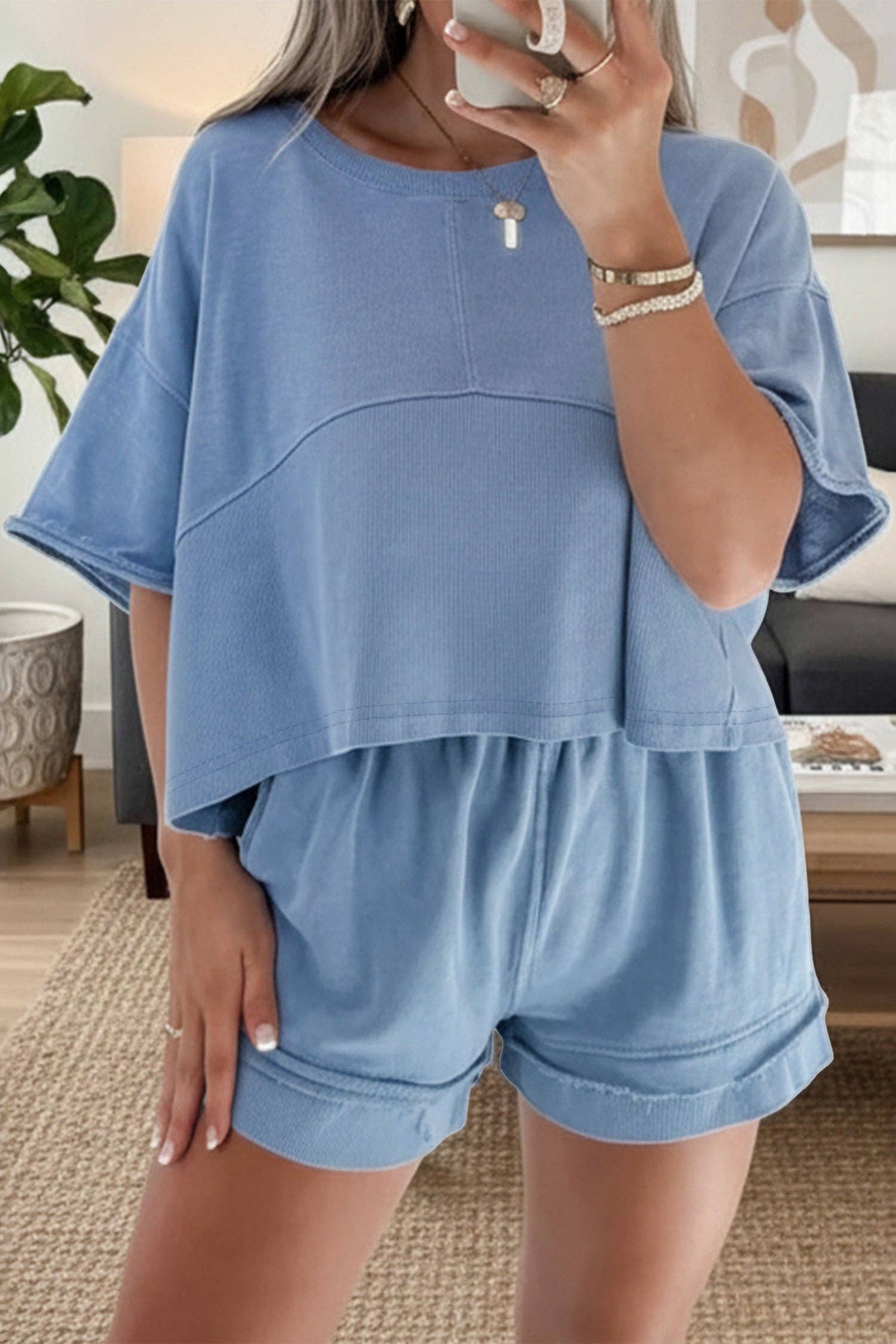 Solid Textured Raw Edge Top and Short Set: Sky Blue