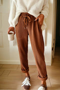 Solid Corduroy Drawstring Elastic Waist Pants: Chestnut