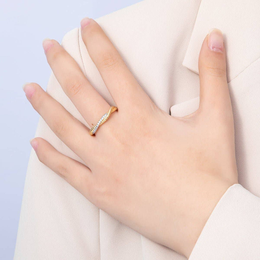 16K Gold Filled Twisted Micro Paved CZ Mixed Metal Ring in Silver