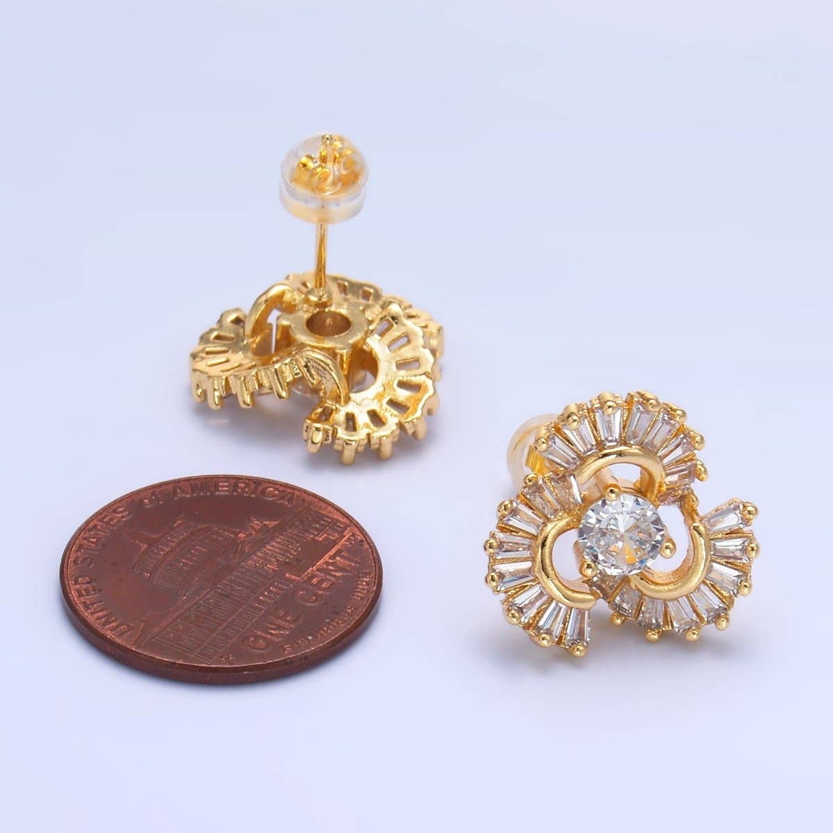 24K Gold Filled CZ Round Baguette Circular Geometric Stud Earrings