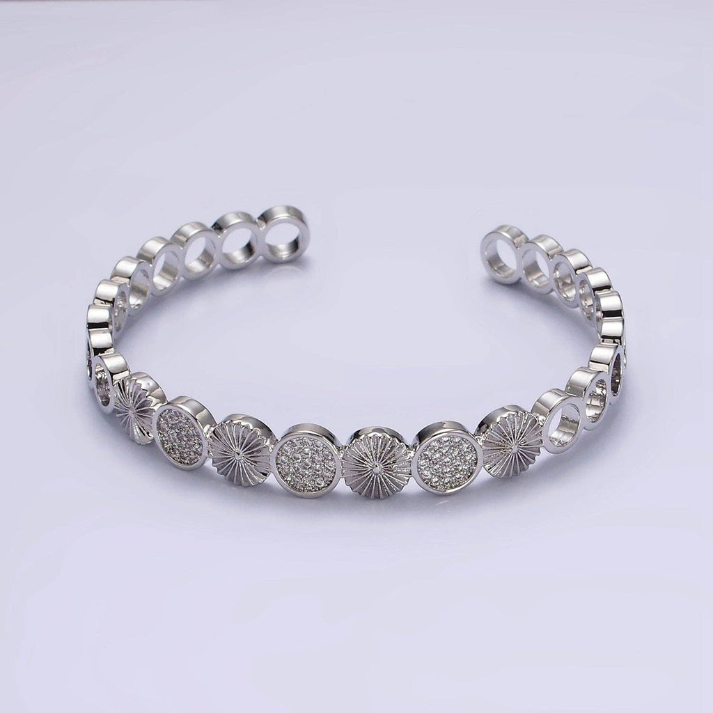 14K Gold Filled Sunflower Sunburst Textured CZ Cuff Bracelet: Silver