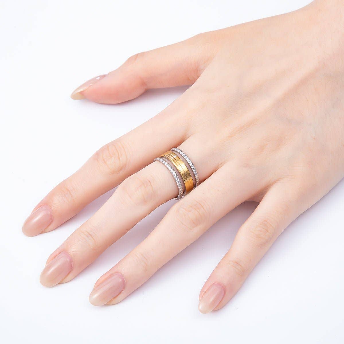 Stainless Steel Mixed Metal Wide Croissant Triple Band Ring