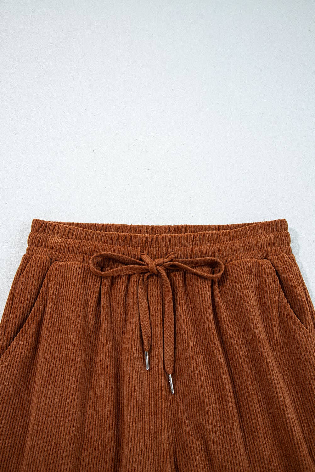 Solid Corduroy Drawstring Elastic Waist Pants: Chestnut