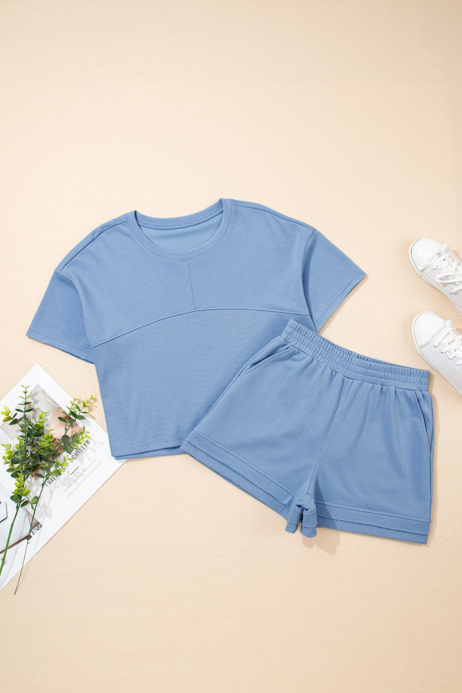 Solid Textured Raw Edge Top and Short Set: Sky Blue