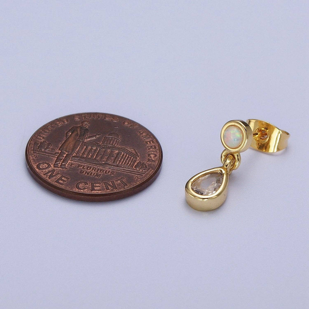 24K Gold Filled Clear Teardrop Drop Dangle Round White Opal Stud Earrings