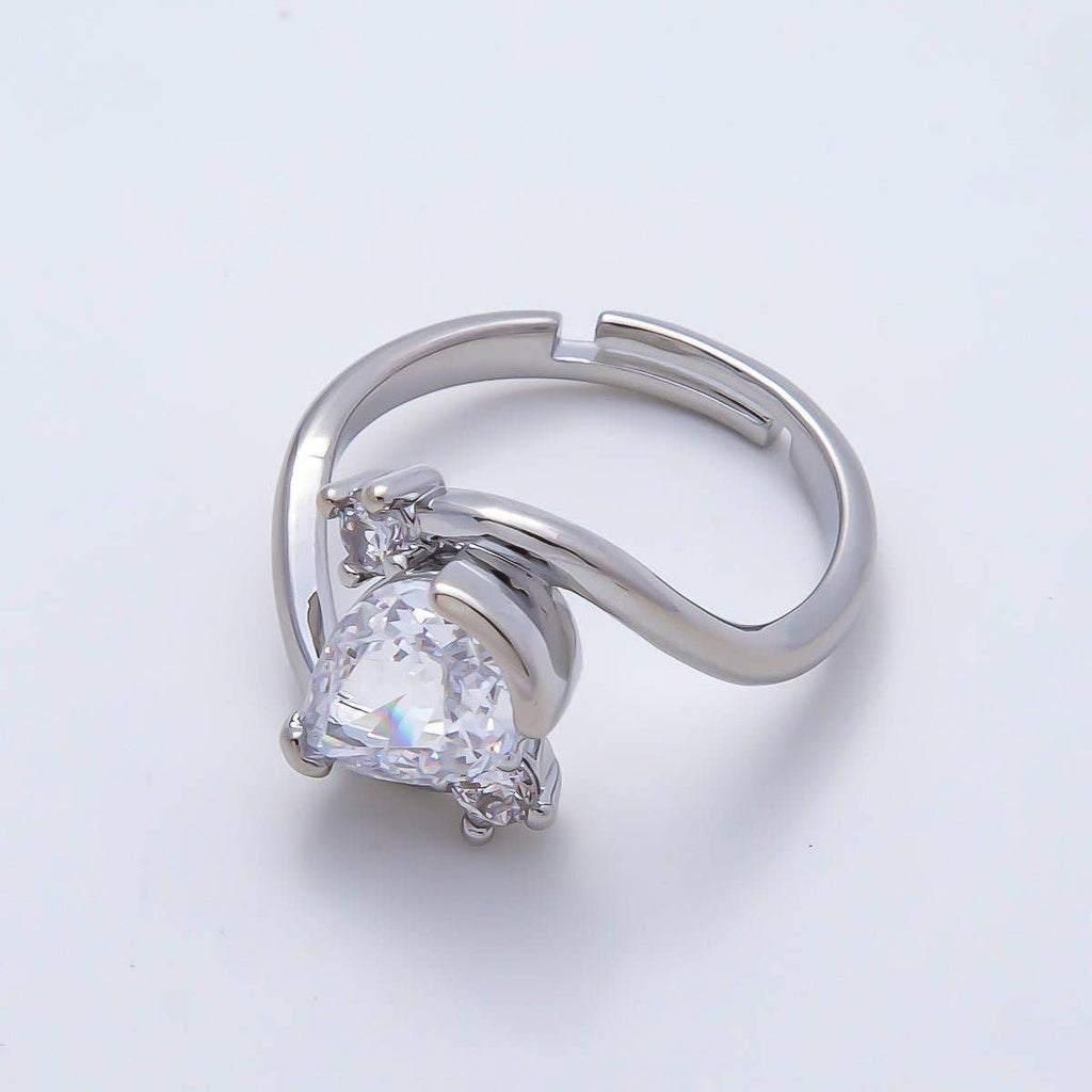 16K Gold Filled Clear Teardrop CZ Curved Solitaire Ring in Silver