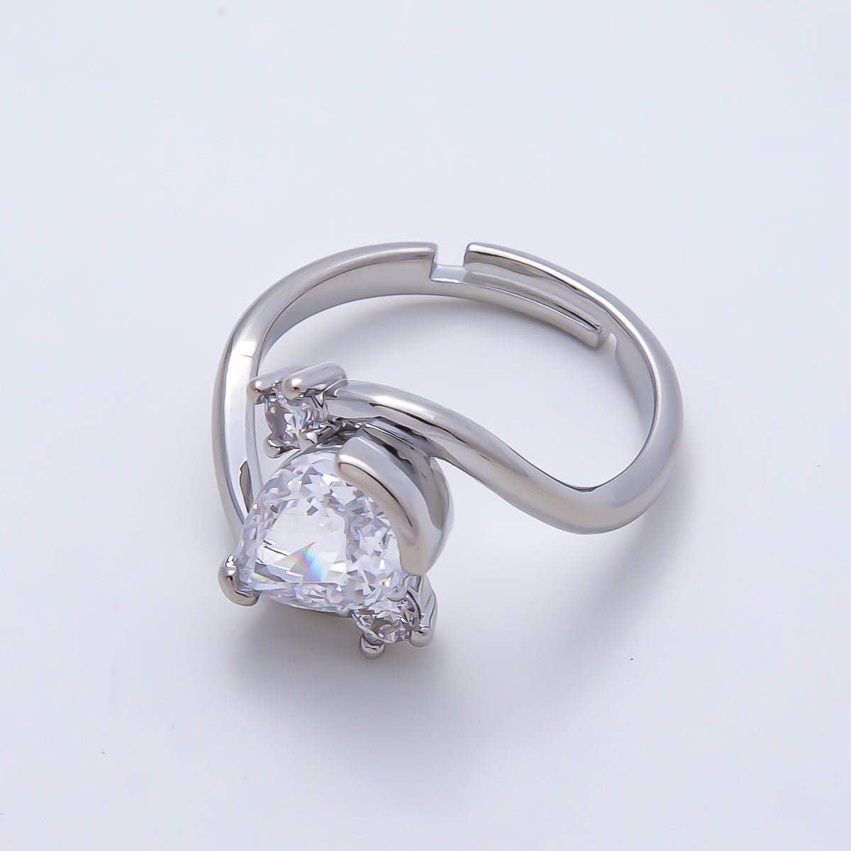 16K Gold Filled Clear Teardrop CZ Curved Solitaire Ring in Silver