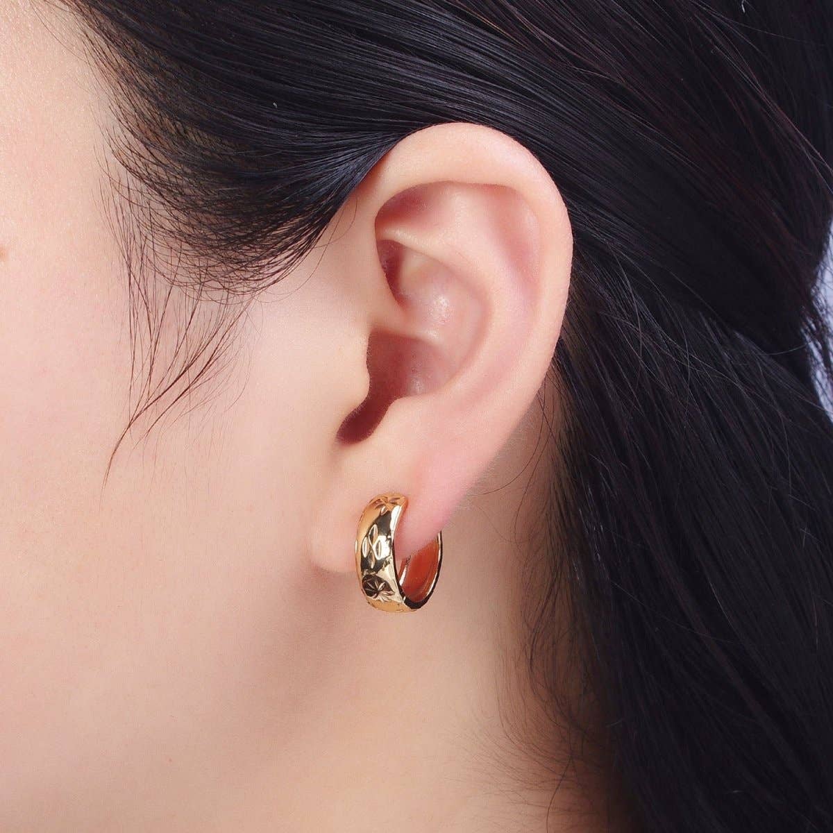 Gold Earrings with Textured North Star Carved Wide Small Huggie Hoop Earrings