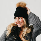 Fine Knit Fur Pom Slouchy Beanie Wholesale: Cream