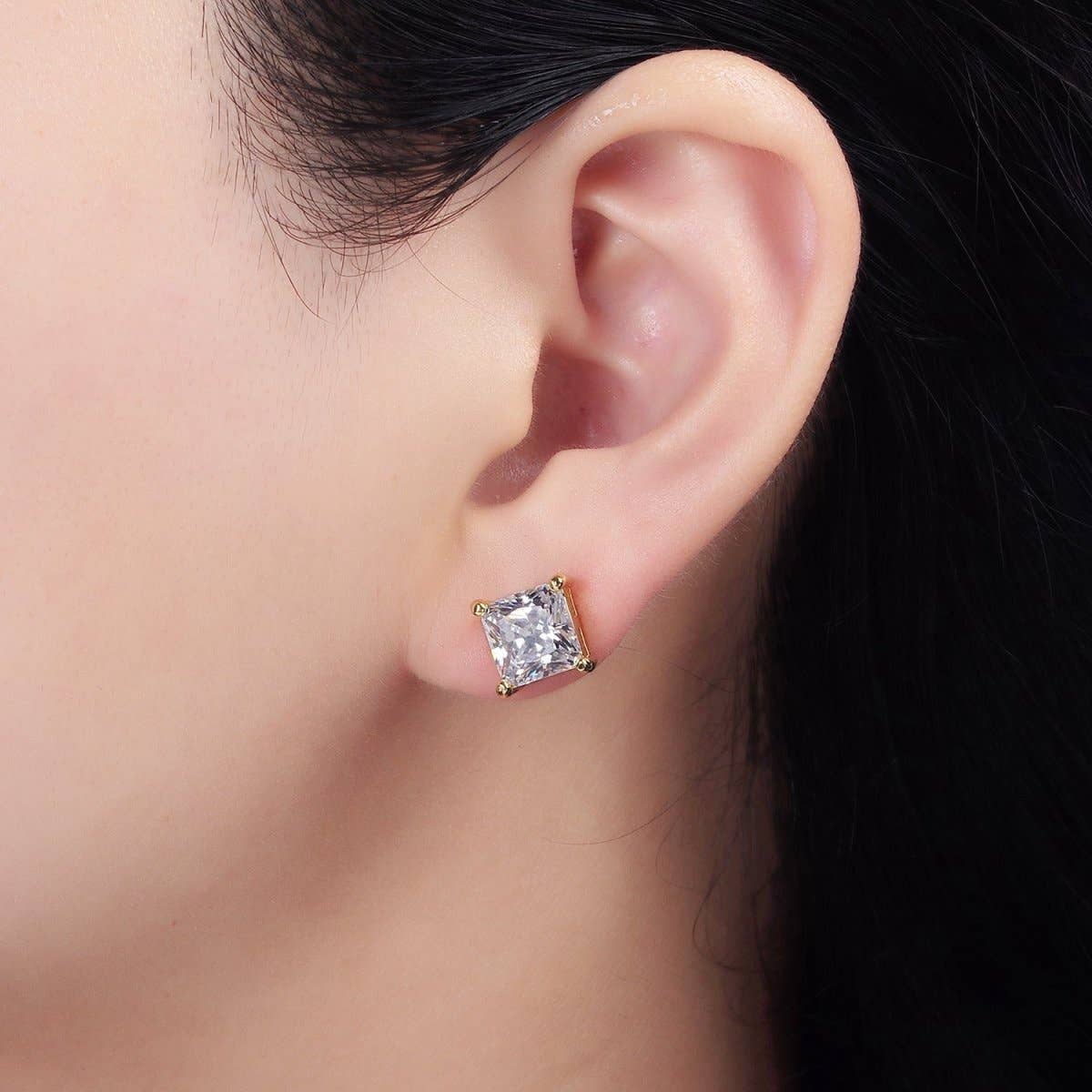14K Gold Filled 8mm, 6mm Clear CZ Square Bezel Stud Earrings