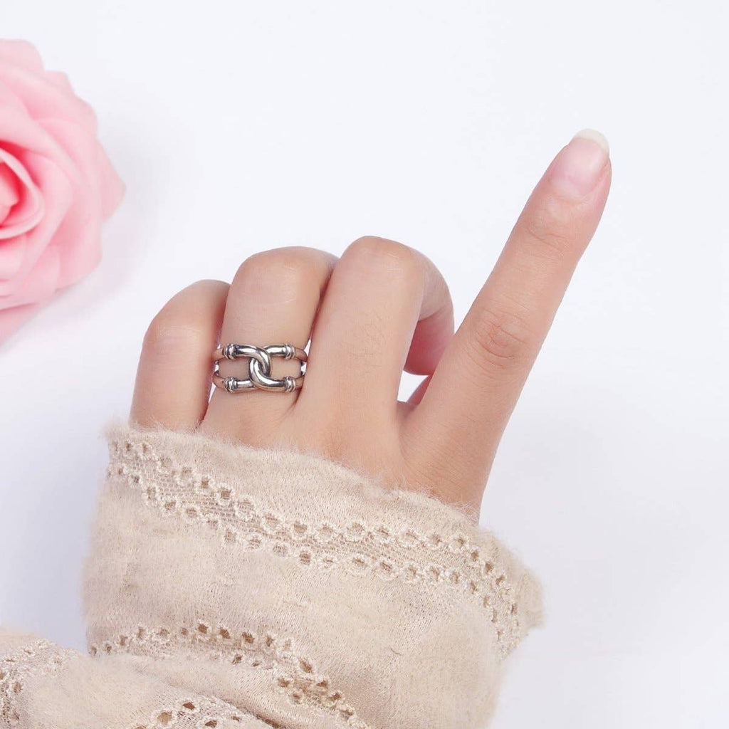 Antique Silver Connecting Tube Adjustable Silver Double Band Ring
