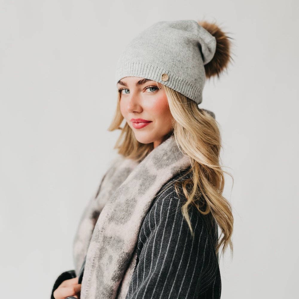 Fine Knit Fur Pom Slouchy Beanie Wholesale: Cream