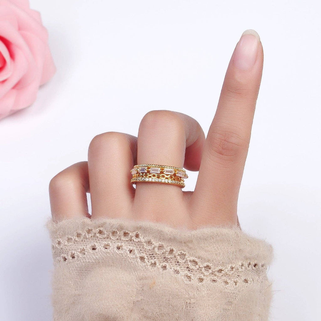 Gold Filled Clear CZ Baguette Cable Link Multiple Band Ring: Silver