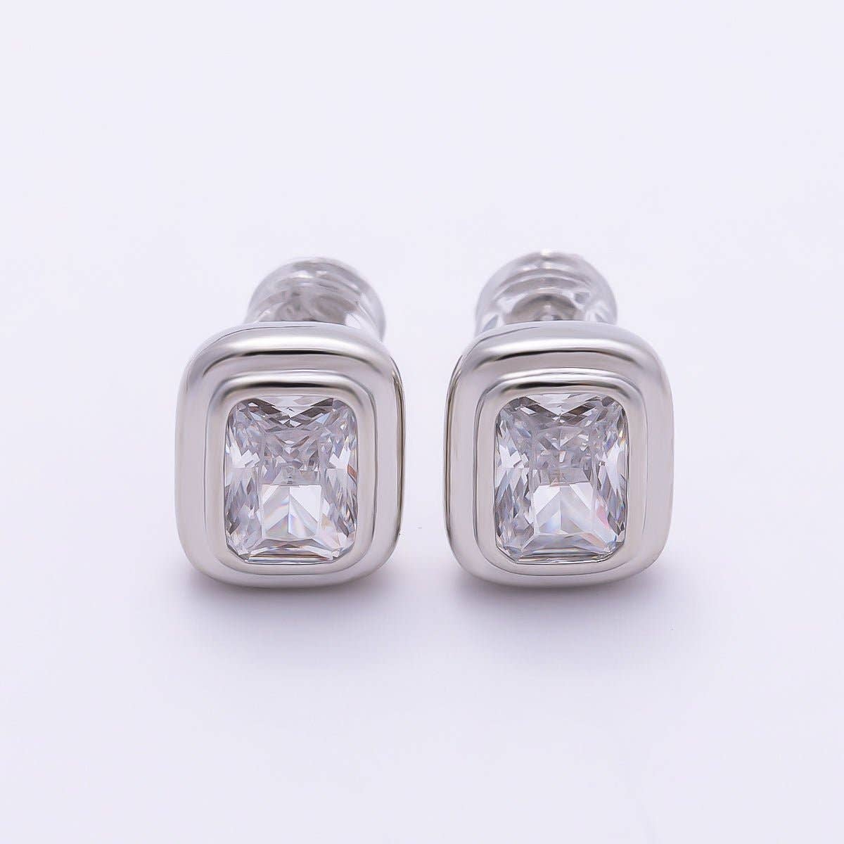 16K Gold Filled 10mm Clear CZ Baguette Bezel Stud Earrings in Silver