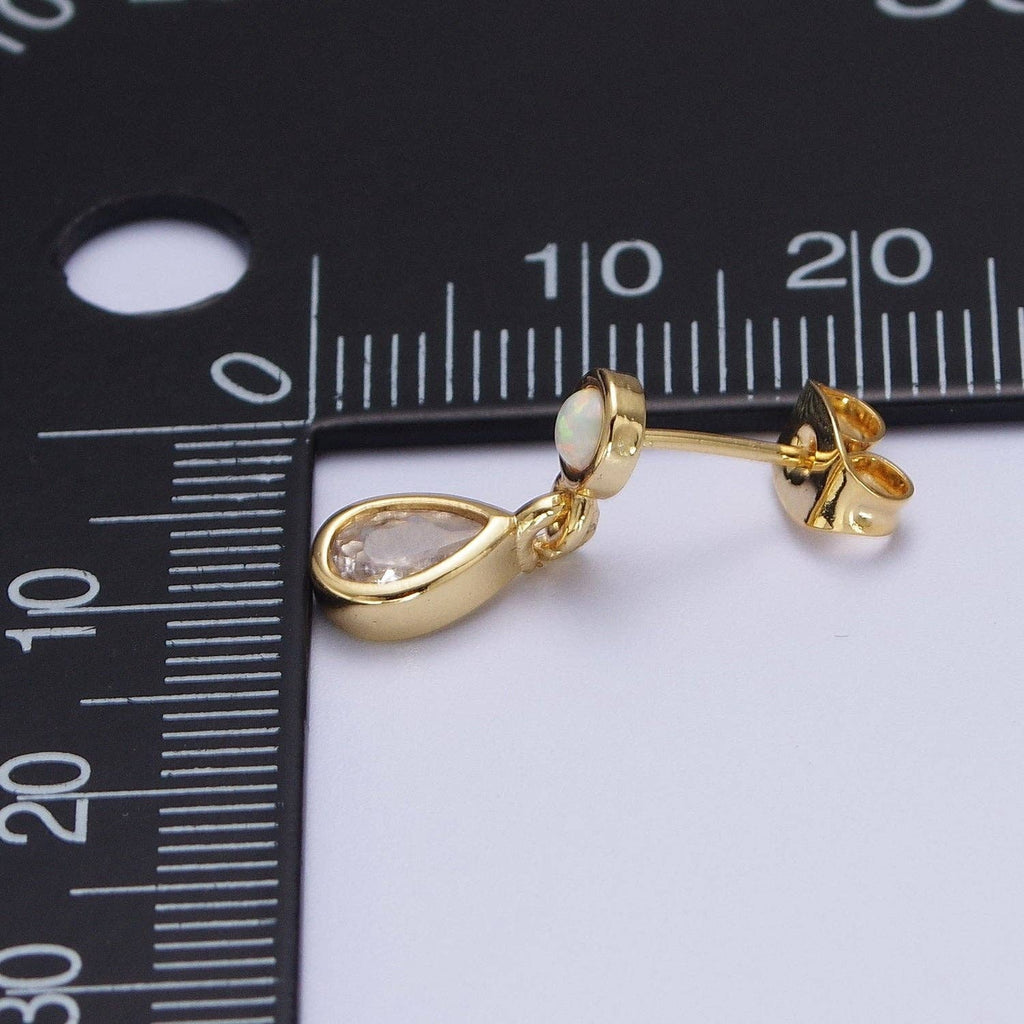 24K Gold Filled Clear Teardrop Drop Dangle Round White Opal Stud Earrings