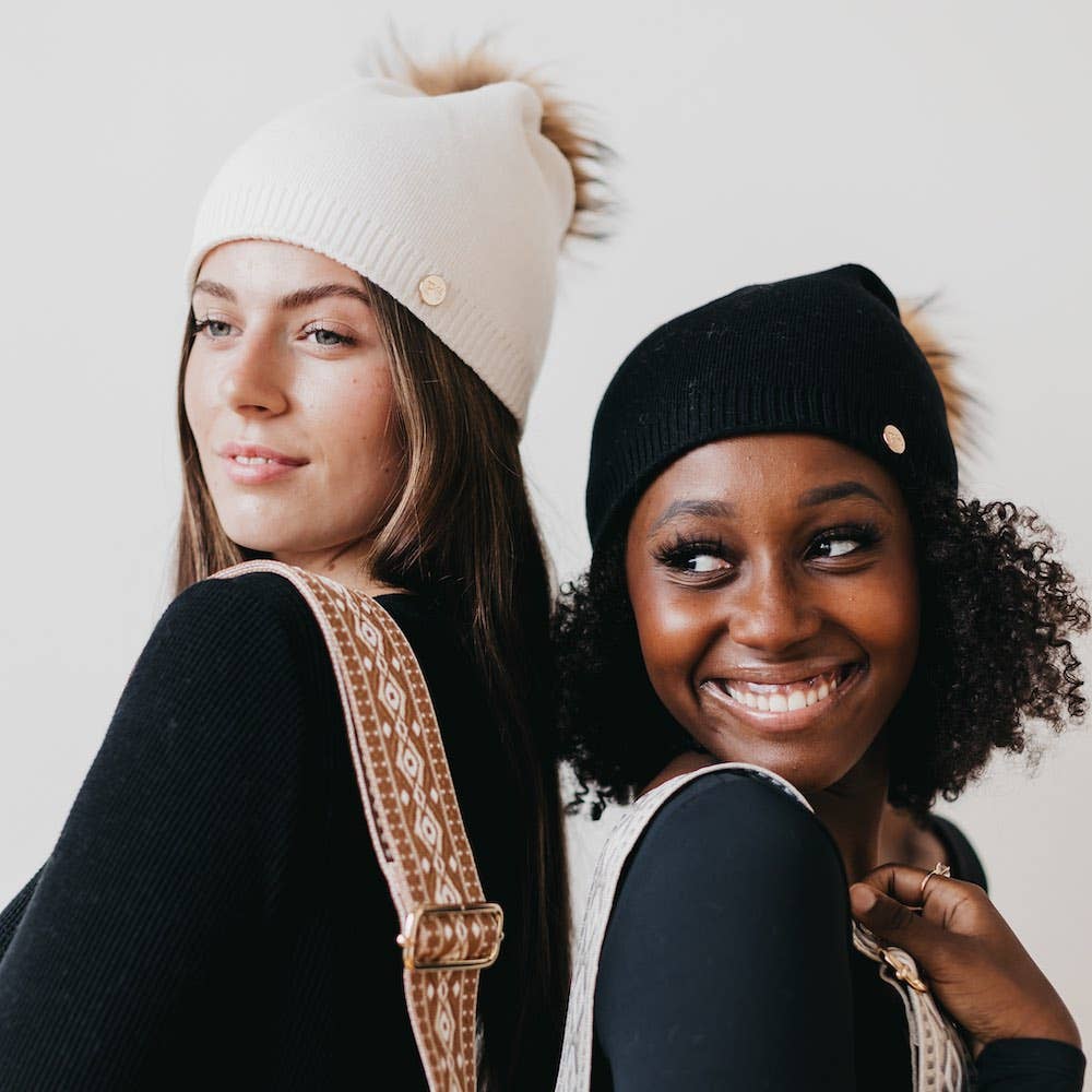 Fine Knit Angora Fur Pom Slouchy Beanie : Mocha