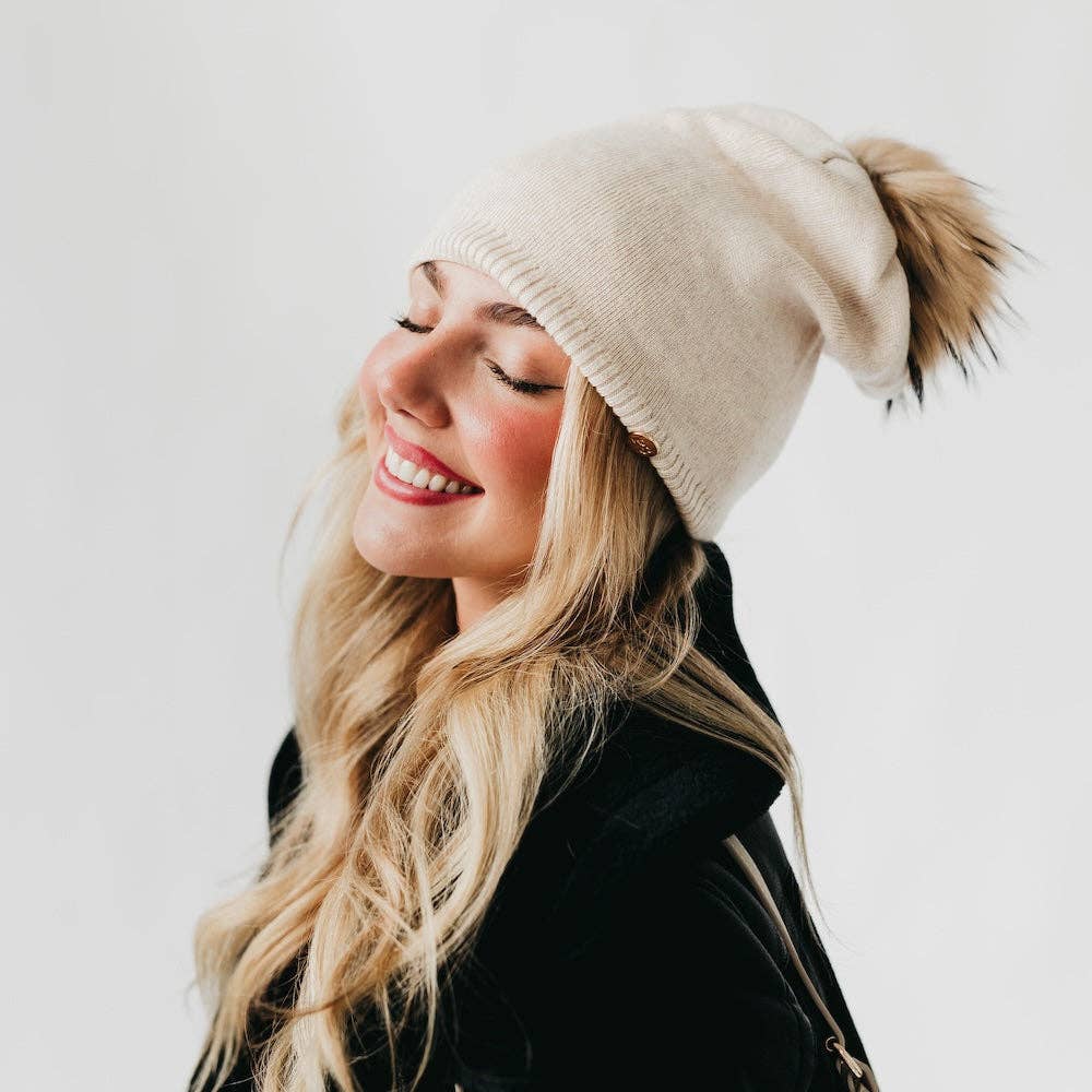 Fine Knit Fur Pom Slouchy Beanie Wholesale: Cream