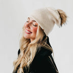 Fine Knit Fur Pom Slouchy Beanie Wholesale: Cream