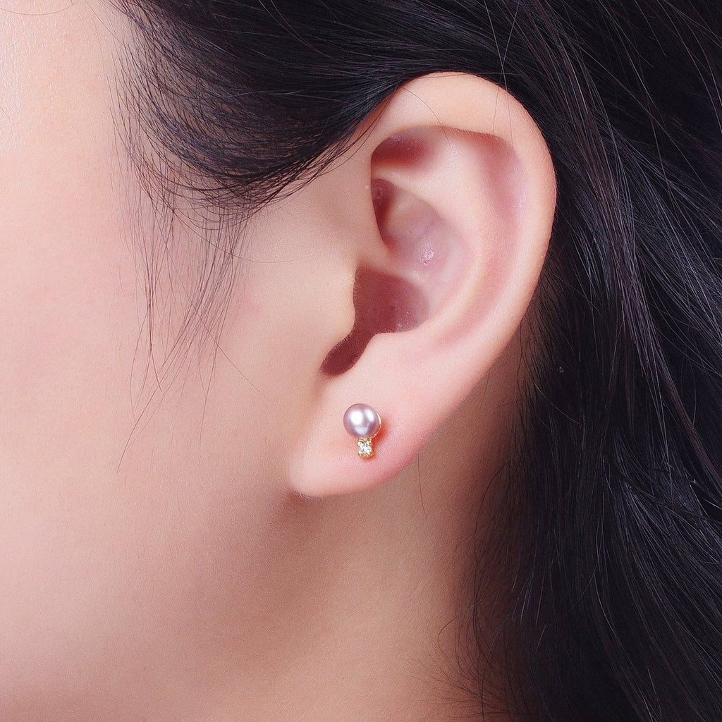 Round Purple Shell Pearl Cubic Zirconia Gold Stud Earrings