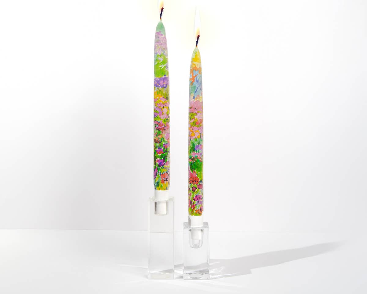 Taper Candles - Watercolor Rainbow Flowers - Set of  2