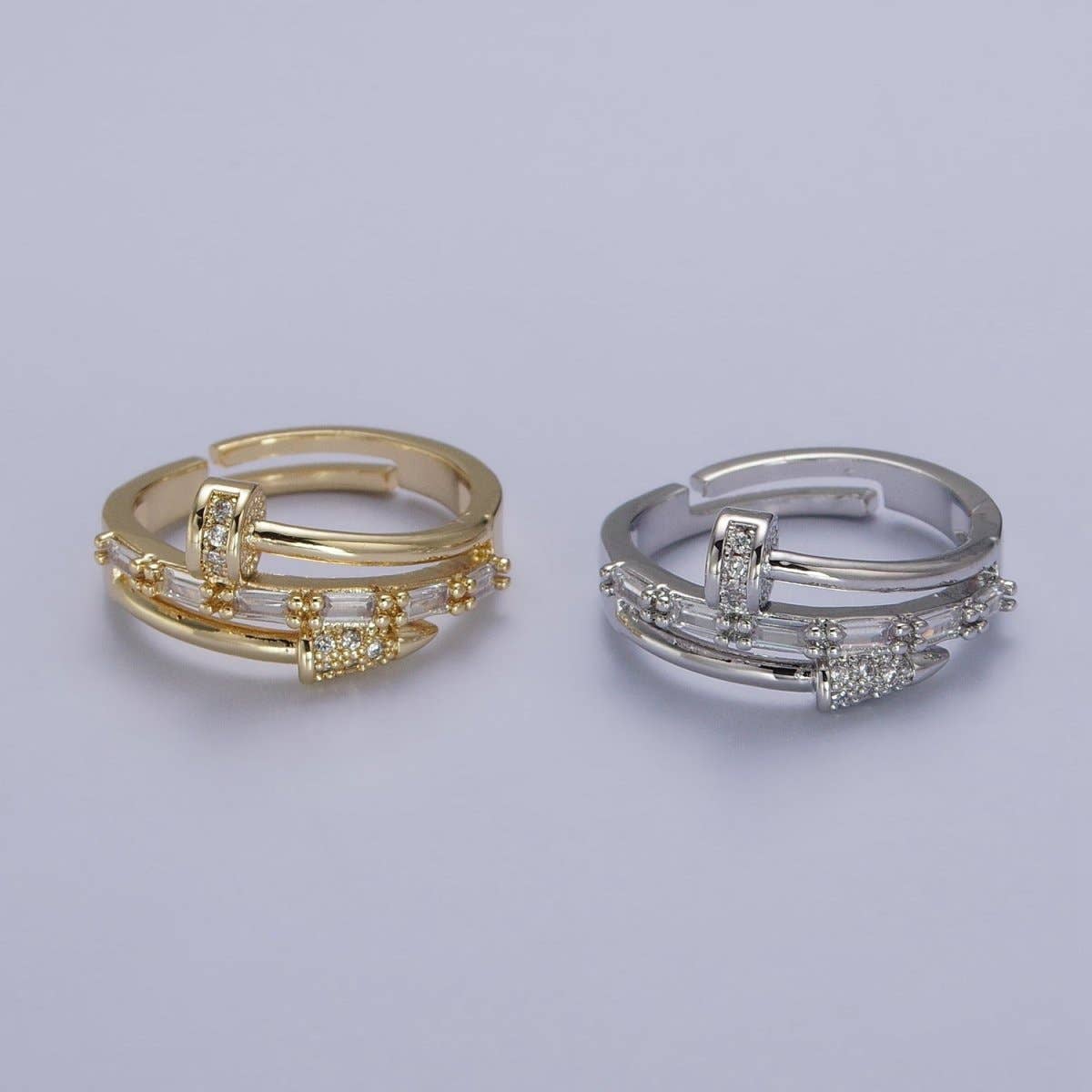 Clear Micro Paved Baguette Adjustable Nail Ring in Silver