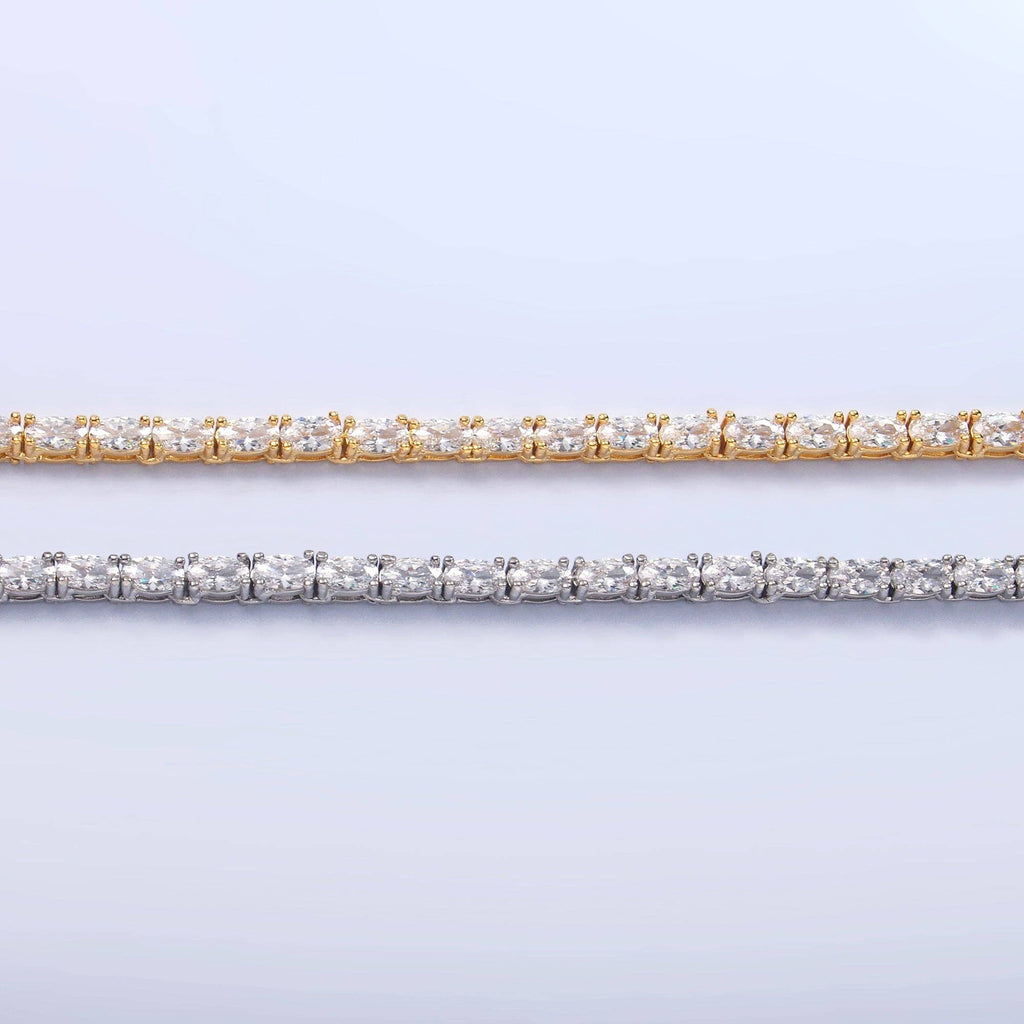 24K Gold Filled Clear Oval CZ Tennis Chain Bracelet in Silver