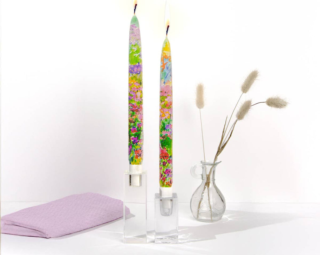 Taper Candles - Watercolor Rainbow Flowers - Set of  2