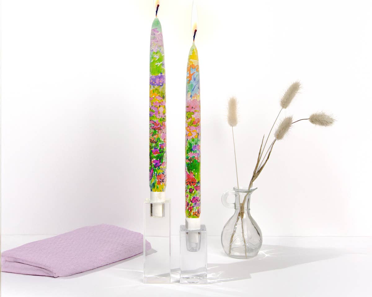 Taper Candles - Watercolor Rainbow Flowers - Set of  2