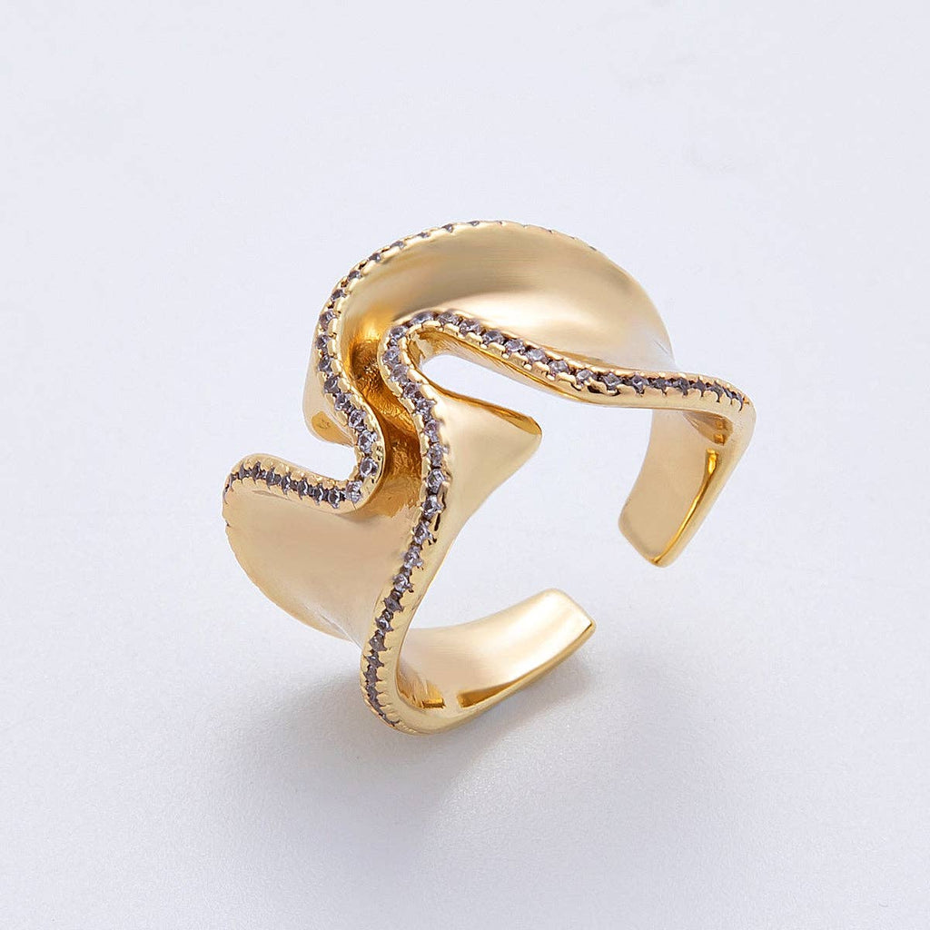 16K Gold Filled Micro Paved CZ Foil Wavy Abstract Statement Ring