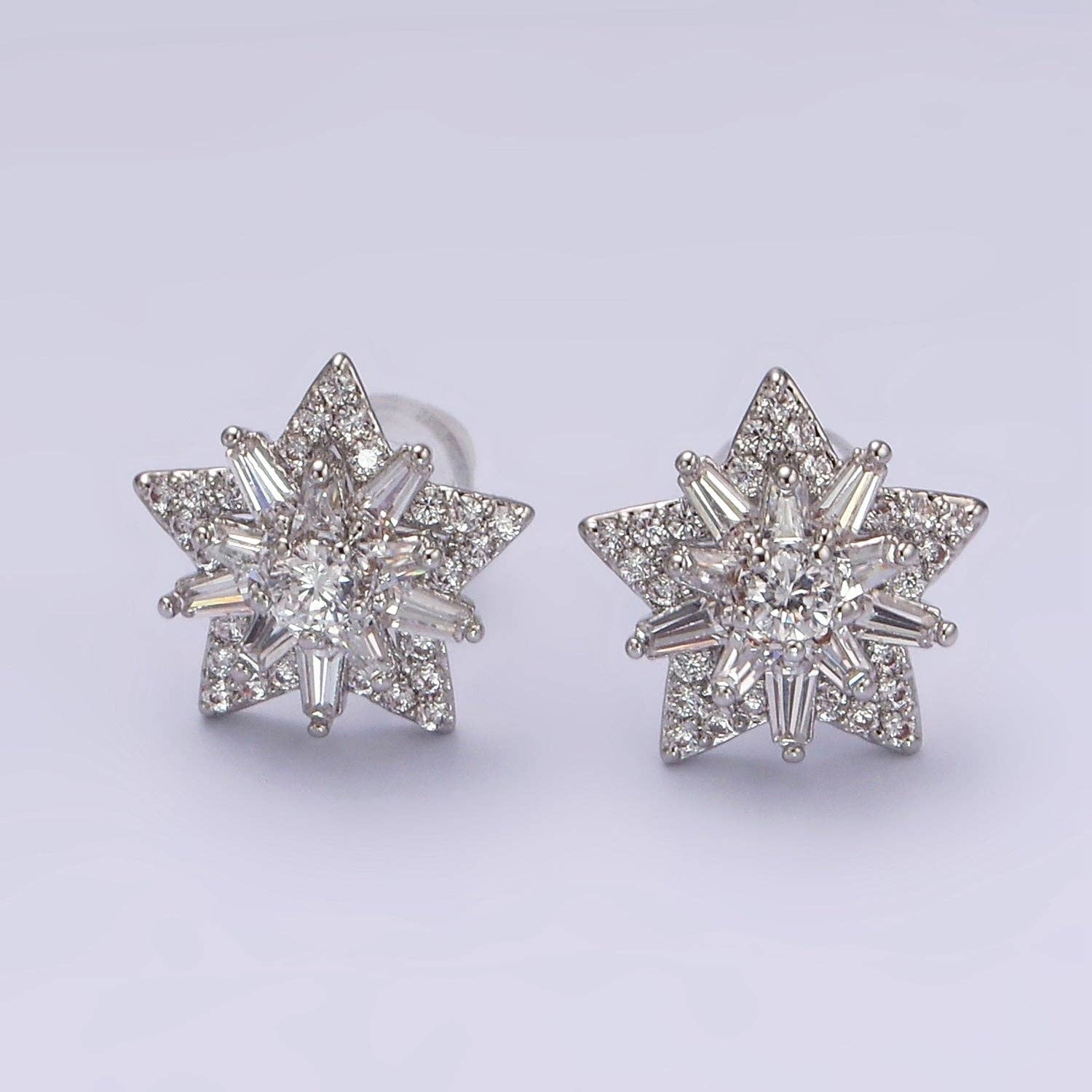 14K Gold Filled Celestial Star Baguette CZ Stud Earrings Silver