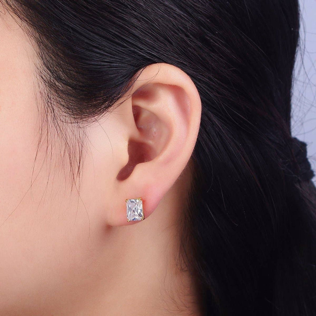 24K Gold Filled Clear Baguette Minimalist Stud Earrings in  Silver