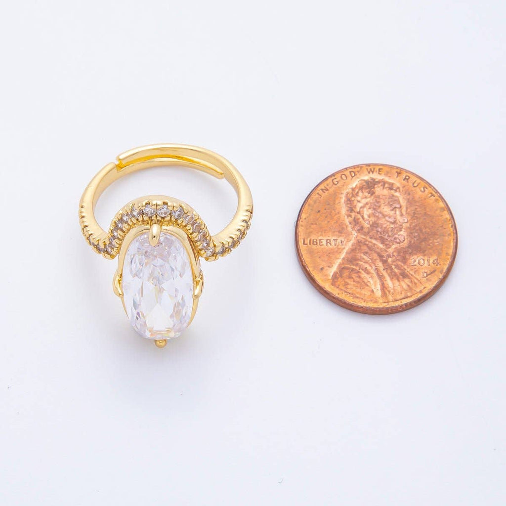 18K Gold Filled Clear Oval Micro Paved CZ Solitaire Band Adjustable Ring
