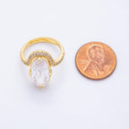 18K Gold Filled Clear Oval Micro Paved CZ Solitaire Band Adjustable Ring