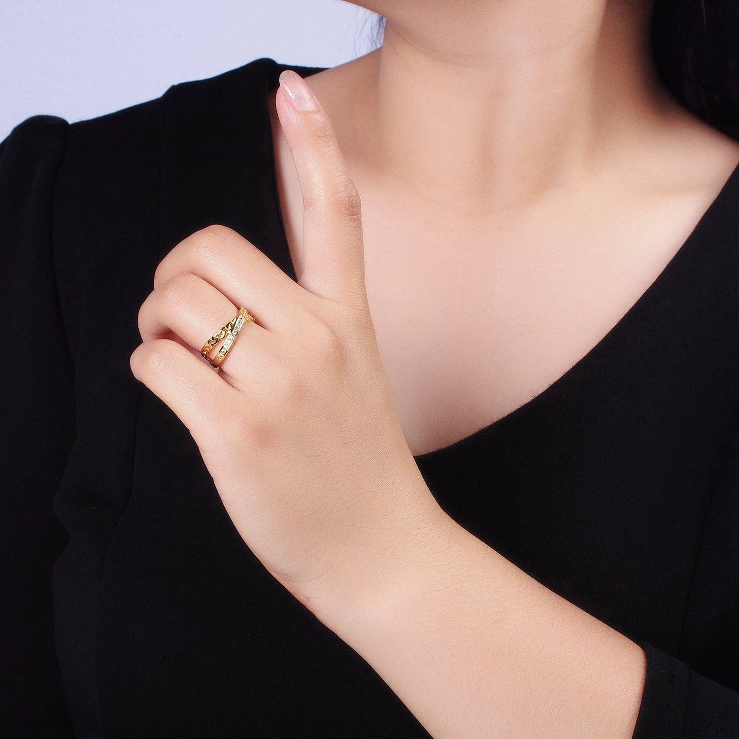 14K Gold Filled Clear CZ Chain Link X Cross Double Band Ring Silver