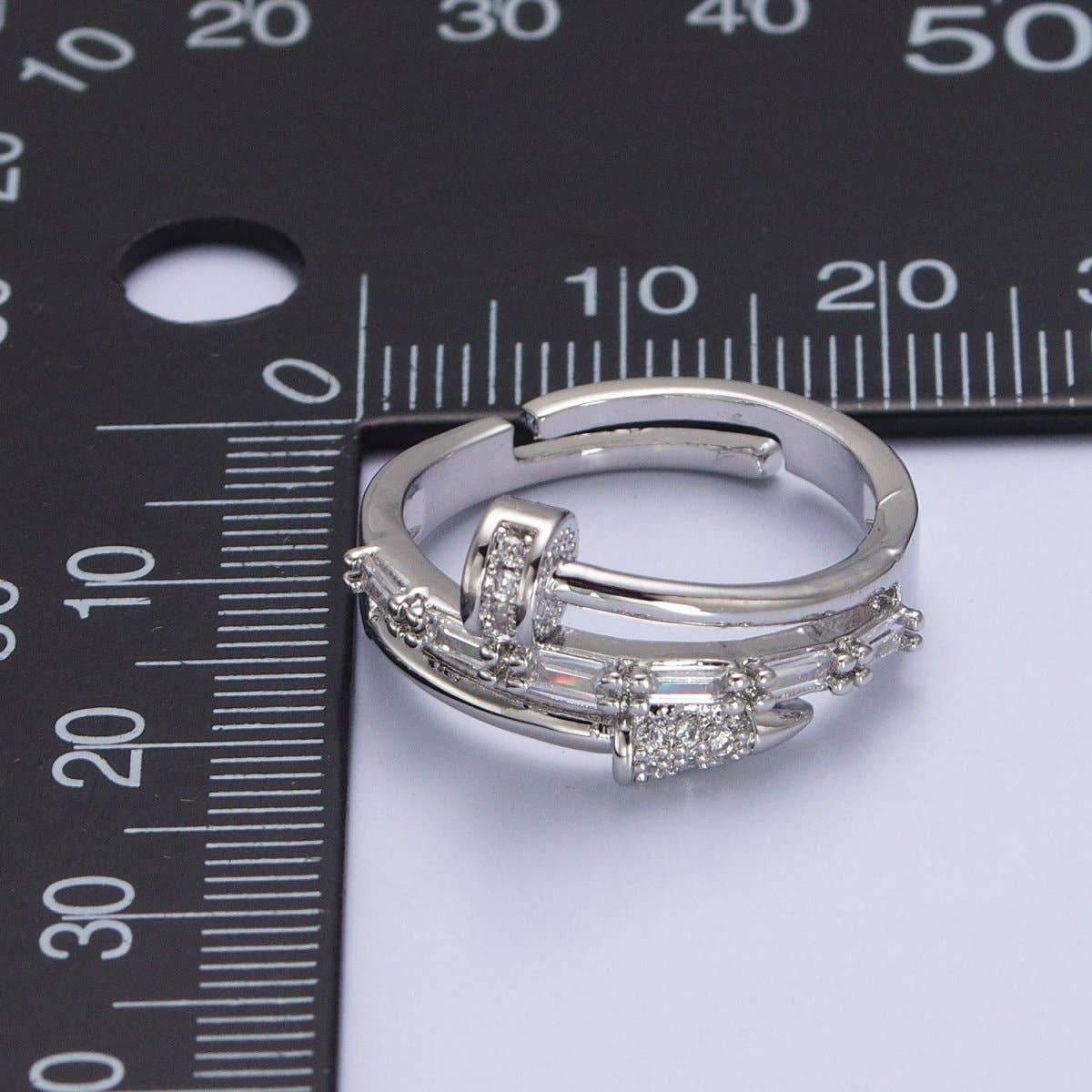 Clear Micro Paved Baguette Adjustable Nail Ring in Silver