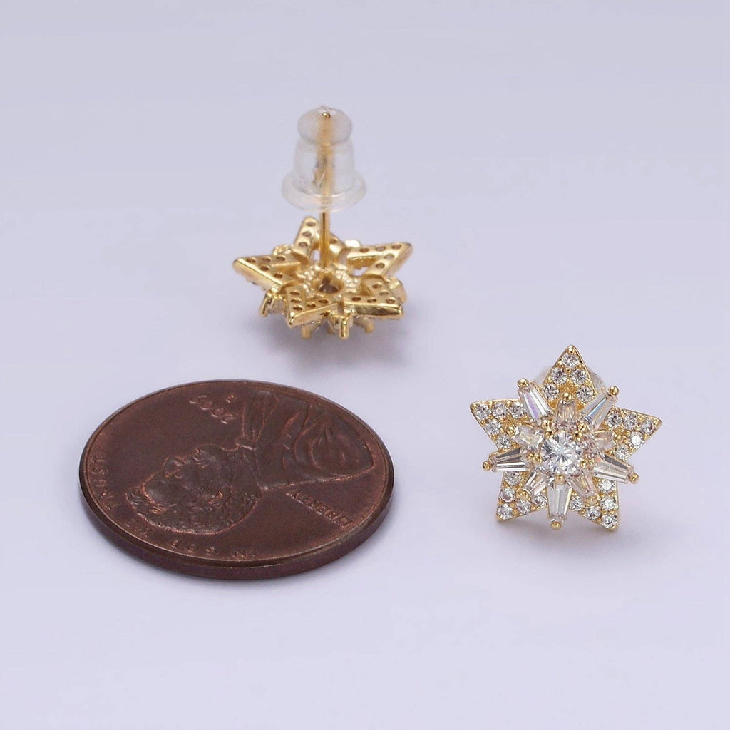 14K Gold Filled Celestial Star Baguette CZ Stud Earrings Silver