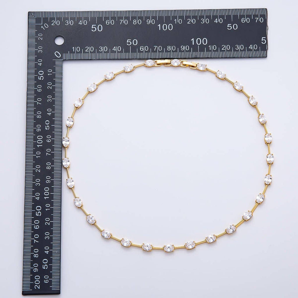 16K Gold Filled 5mm Clear Oval CZ Bar Gemstone Chain 17 Inch Adjustable Necklace