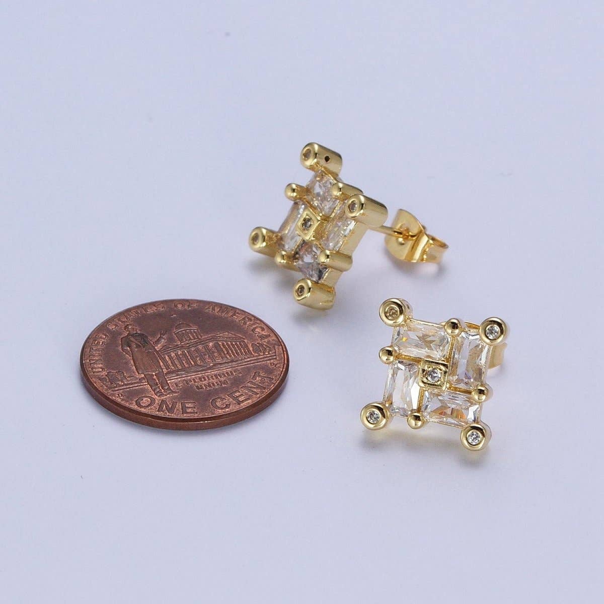 24K Gold Filled Micro Pave CZ Stud Earrings Baguette Colorful Cubic Zirconia Earrings