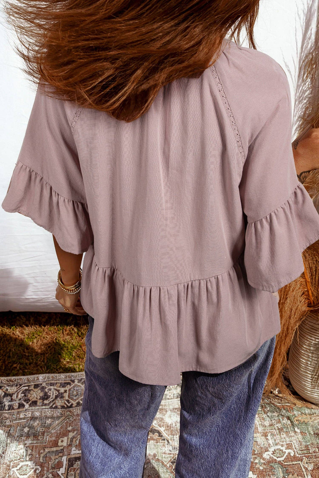 Solid Split V-Neck Ruffle Sleeve Peplum Blouse: Sepia Rose