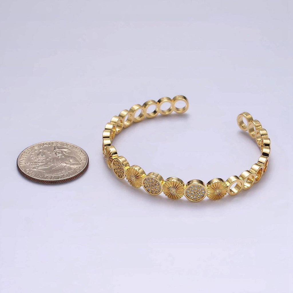 14K Gold Filled Sunflower Sunburst Textured CZ Cuff Bracelet: Silver