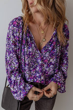 Boho Flower V-Neck Bubble Sleeve Top: Purple