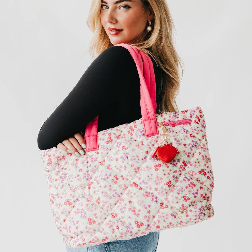 Presley Puffer Quilted Tote Bag With Pouch: Pink Floral