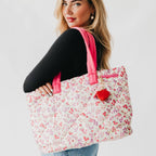Presley Puffer Quilted Tote Bag With Pouch: Pink Floral