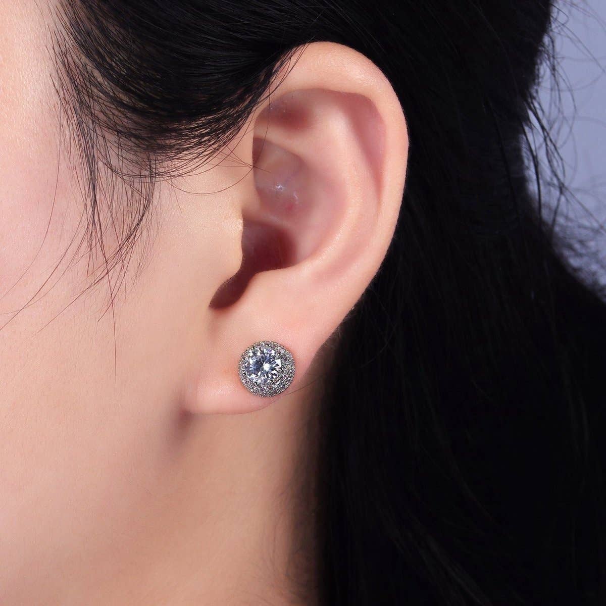 14K Gold Filled Clear CZ Micro Paved Round Stud Earrings in Silver