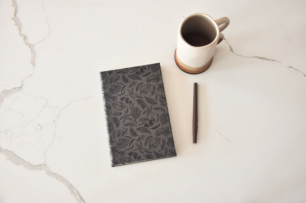 Tropical Floral | Leather Engraved Lined Journal: Black & Gold